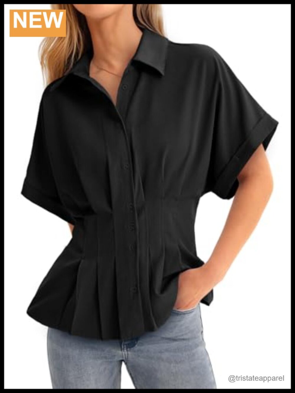 Women's Peplum Button Down Shirt Dressy Fitted Waist Short Sleeve Blouse